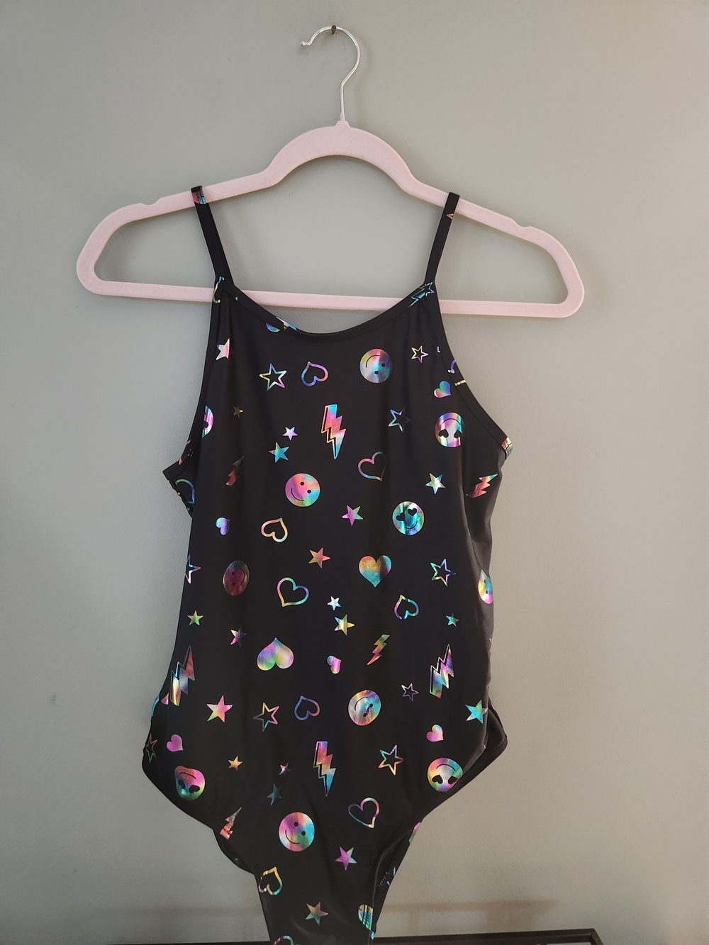 The Children's Place Black One-Piece Swimsuit with Holographic Emoji Print